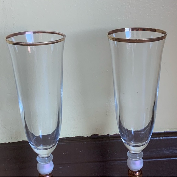 Fluted Champagne Glasses Italy Gold Trim Bulbous Stem - Set of 2 - Picture 4 of 12